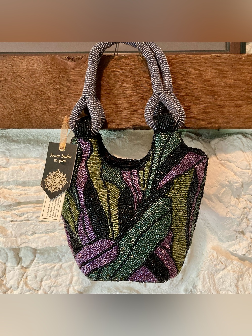 NWT “From India to You” brand beaded double handle small bucket bag